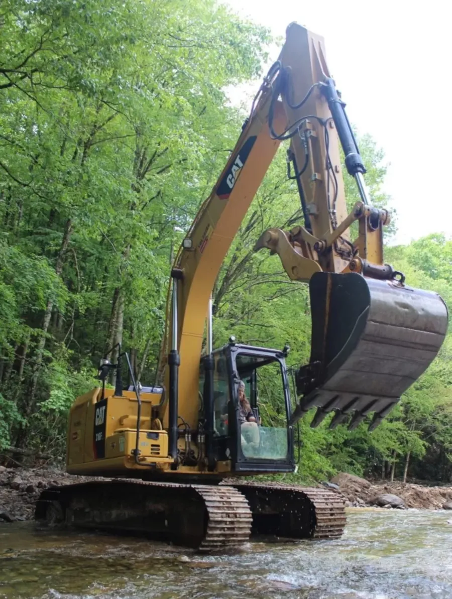 Excavator clearing trees