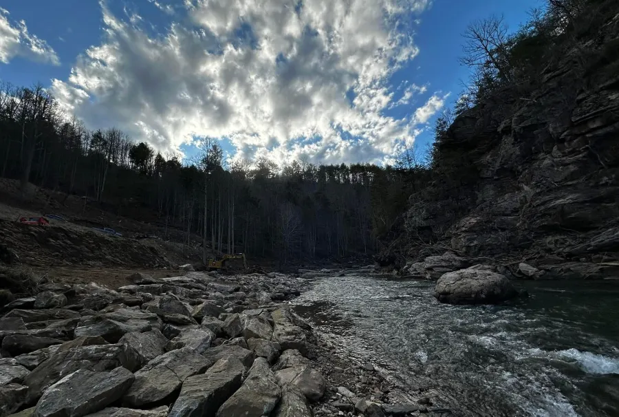 River bed and bank rock work after flood damage