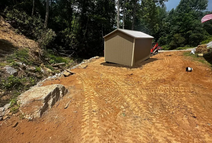 Level gravel pad with a new shed