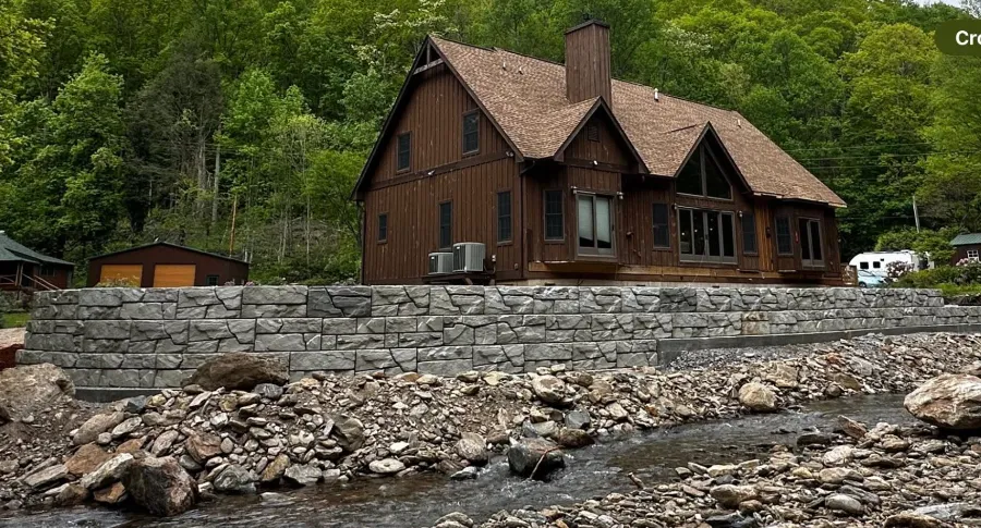 Retaining wall and rock work below a mountain house